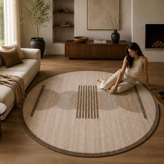 Neu Looms Hand Tufted Wool Silk Round Area Rug, Geometric Lines, Brown Beige, 5 Ft