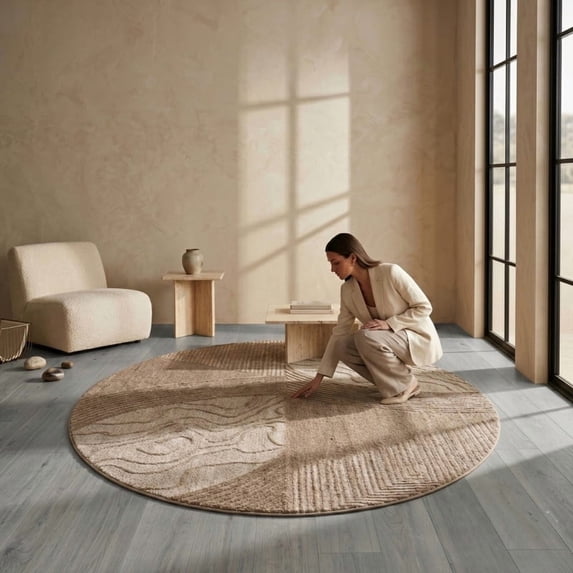 Pattern Rug Beiege Neu Looms Hand Tufted Wool Silk Round Area Rug, Linear Texture, Beige ...