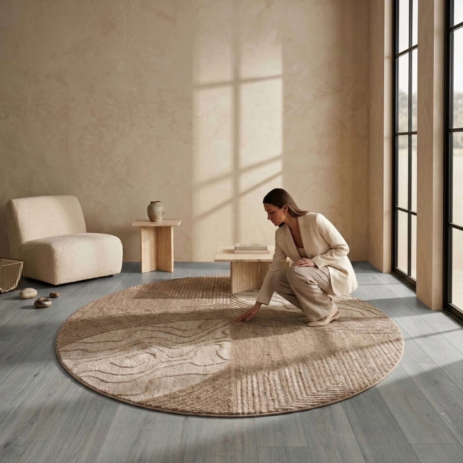 Wool Kitchen Rugs Neu Looms Hand Tufted Wool Silk Round Area Rug, Linear Texture, Beige ...