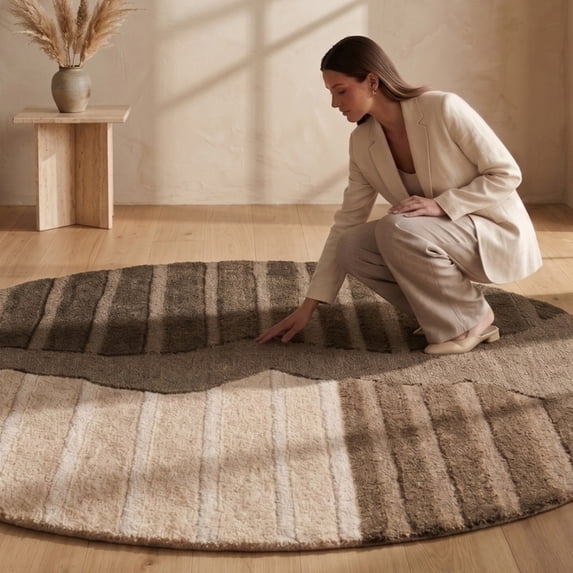 Beige Tan Pattern Rug Neu Looms Hand Tufted Wool Silk Round Area Rug, Linear Texture, Brown ...