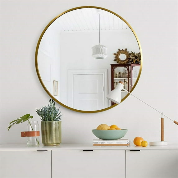 32" Gold Round Wall Mirror Modern Accent Mirror Wall Decor Circle Mirror Aluminum Alloy Frame Bathroom Wall Mounted Mirror