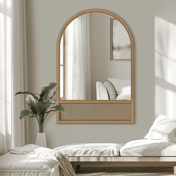 MAYEERTY 36" x 24" Arched Wall Mirror Wood Decorative Mirror, Brown