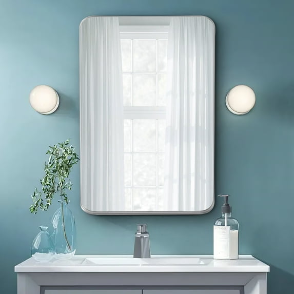38"x26" Modern Rectangular Deep Mirror Hanging Mirror Wall Mirror Rounded Corner Silver