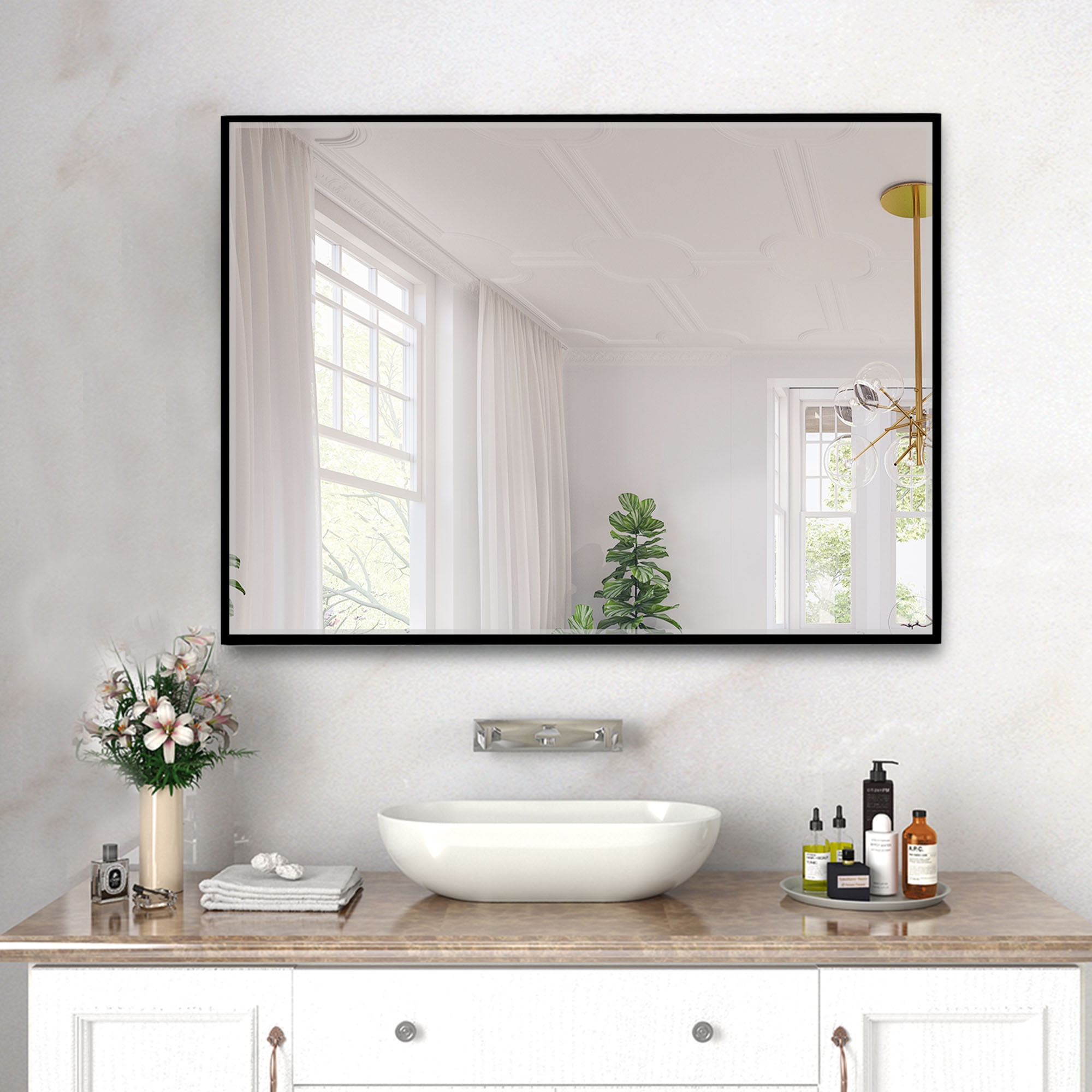 Floor Mirror Wall Mounted Leaning Hanging Rectangle Black 38"x26"