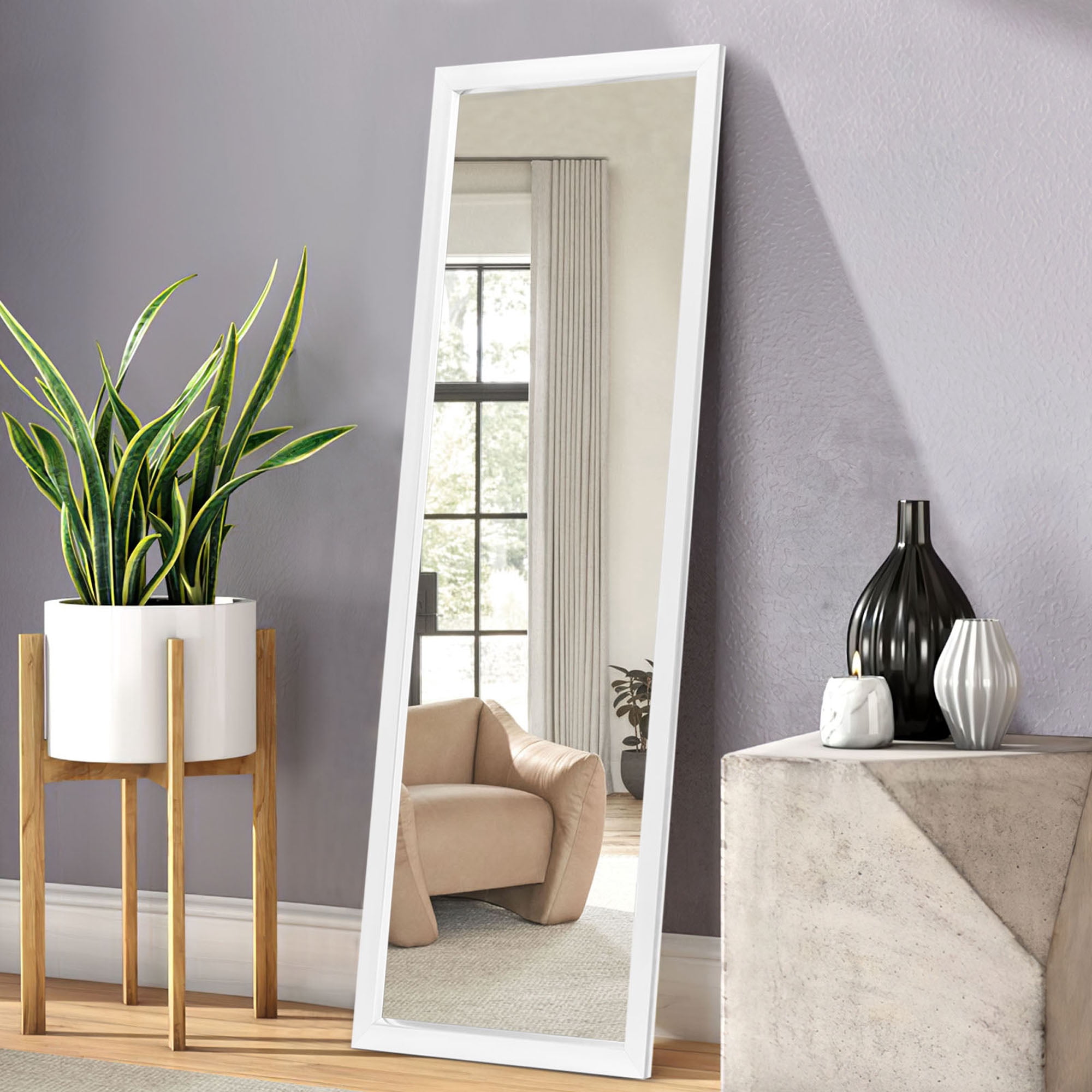 Floor Mirror Wall Mounted Leaning Hanging Rectangle White 51"x16"
