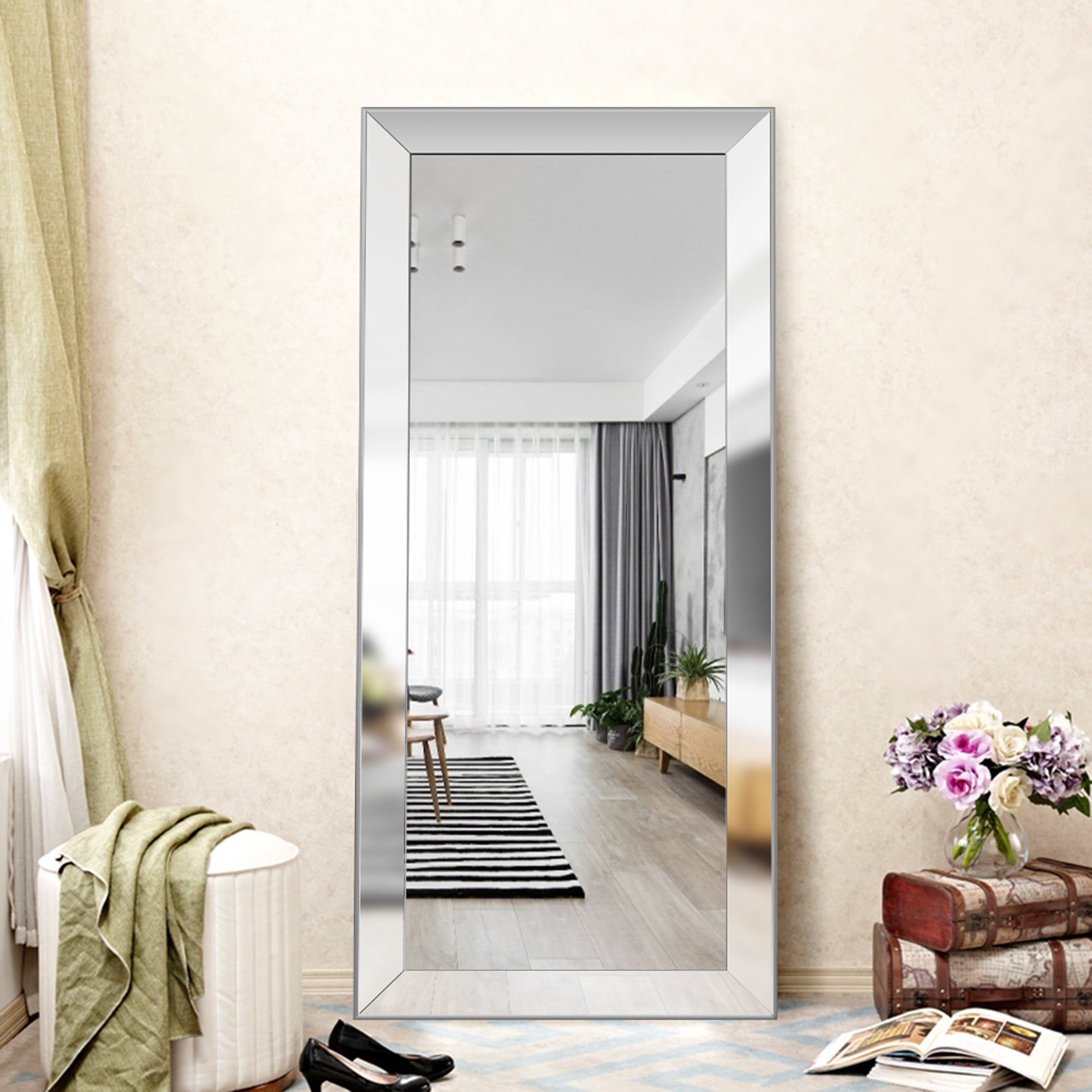 Full Length Mirror Floor Wall Mounted Leaning Hanging Rectangle Silver ...
