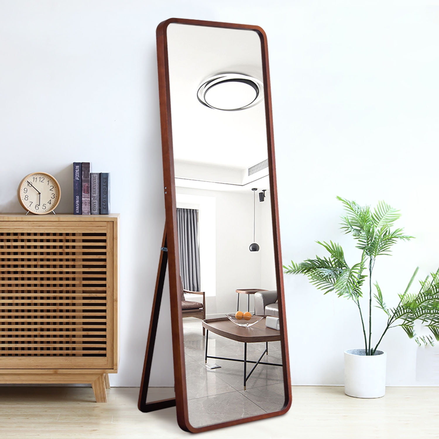 NeuType Full Length Mirror with Standing Holder Floor Mirror Wall Mounted  Mirror for Bedroom/Living Room Pine Wood Frame, Brown, 65 x 22