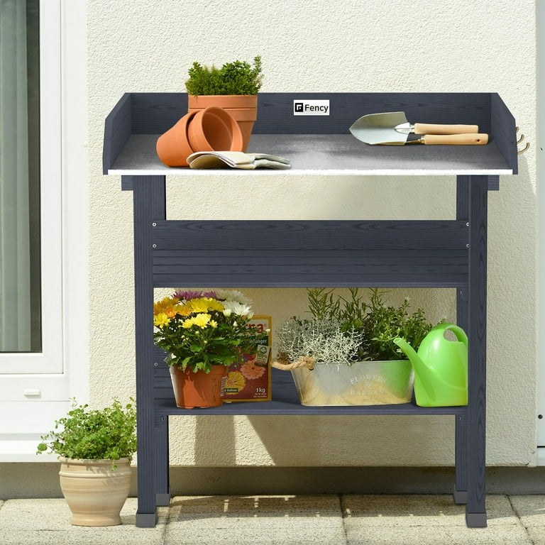 NeuType Outdoor Garden Potting Bench Wooden Workbench Storage Shelf Metal Tabletop with Hooks