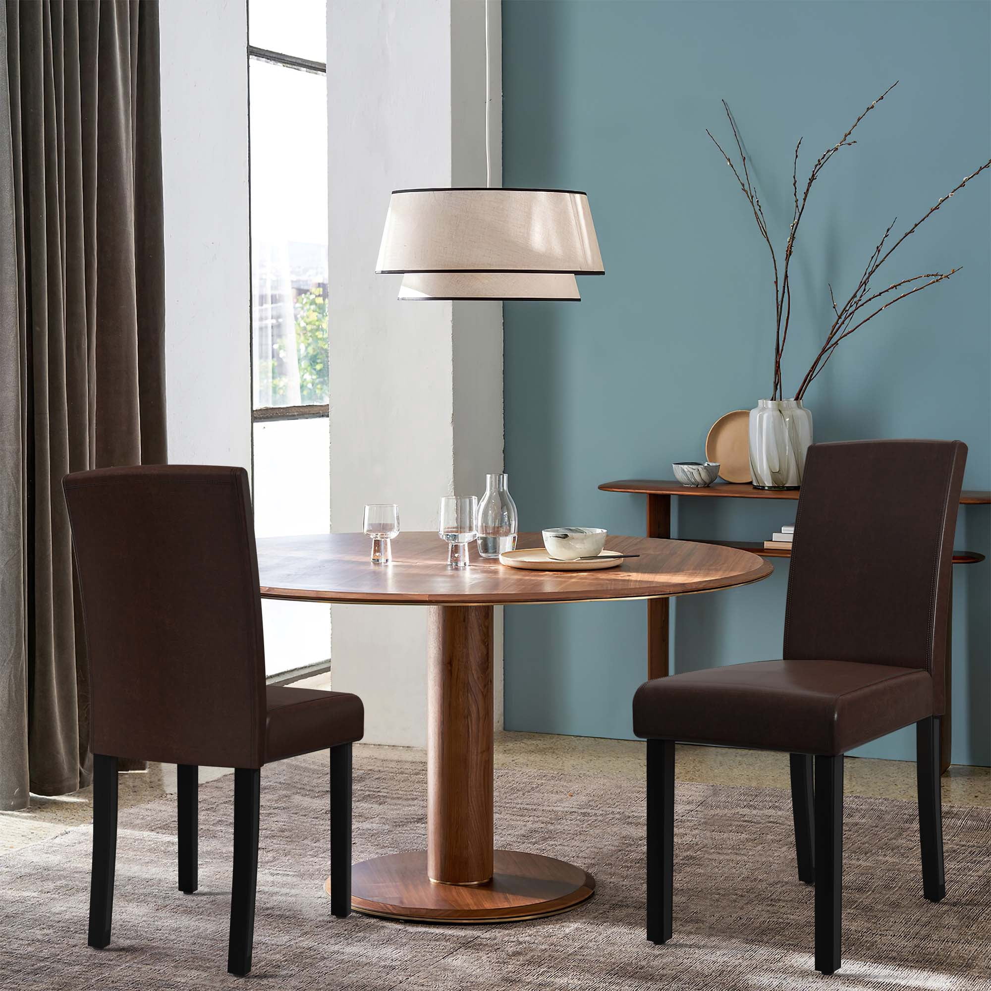 PU Dining Chairs Set of 2 Large Dining Chair with Wood Legs,Brown