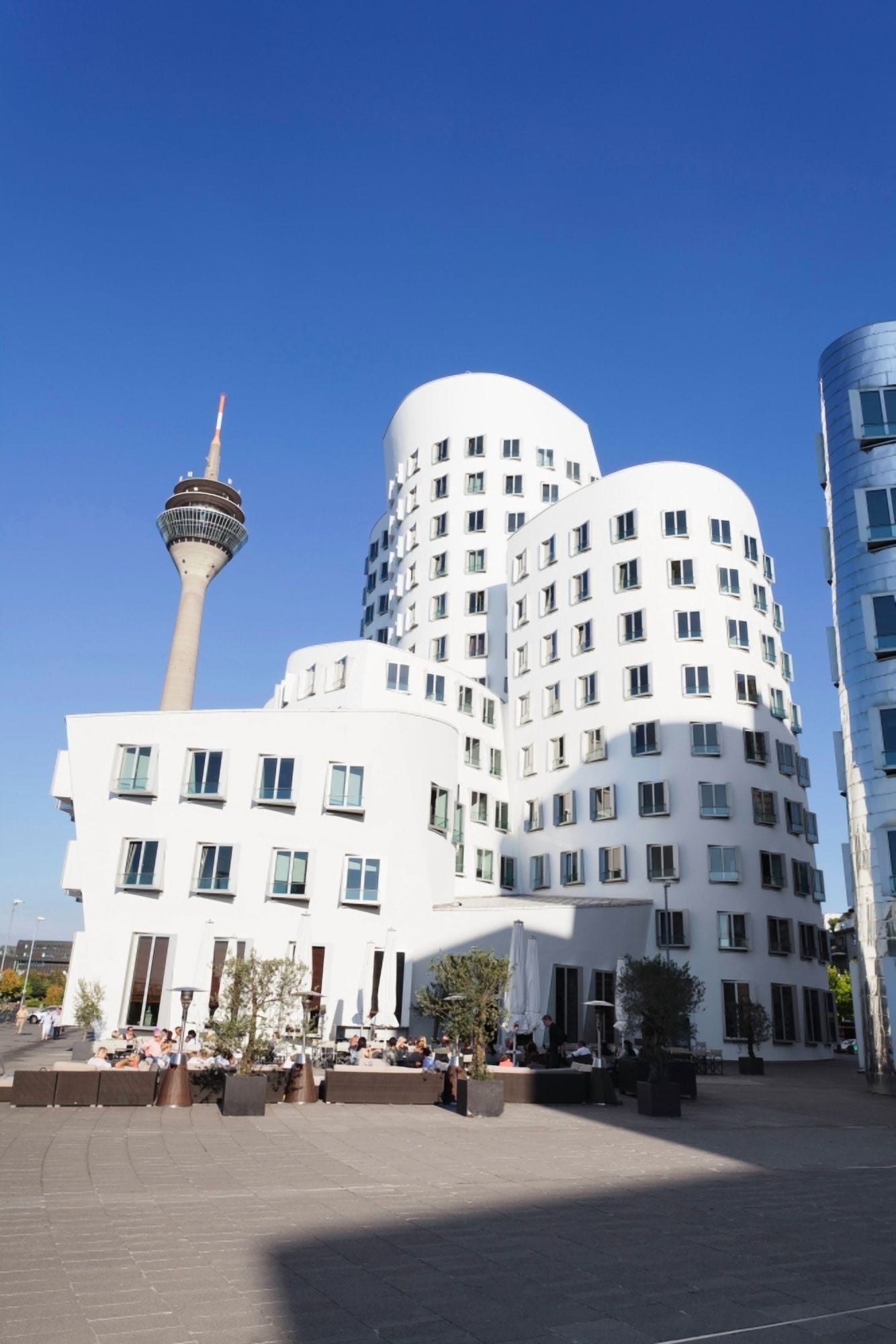 Neuer Zollhof buildings designed by Frank Gehry with Rheinturm Tower Media Harbour Dusseldorf North Rhine Westphalia Germany Canvas Art - Panoramic Images (36 x 12)