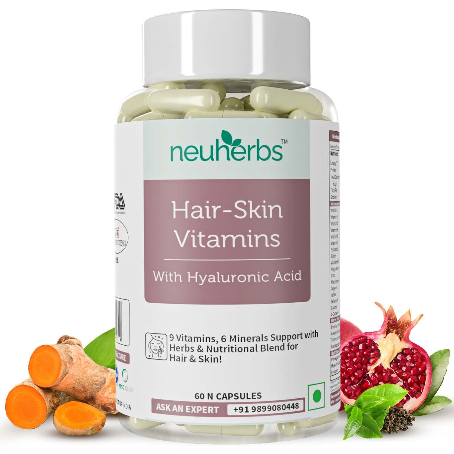 Neuherbs Hair Skin Vitamins Supplement with Hyaluronic Acid, Biotin
