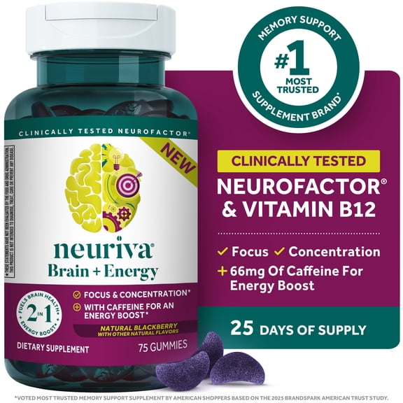 Neuriva Brain + Energy Brain Supplements, Vitamins B12 and Caffeine, Supports Focus and Energy, 75 Count Blackberry Gummies
