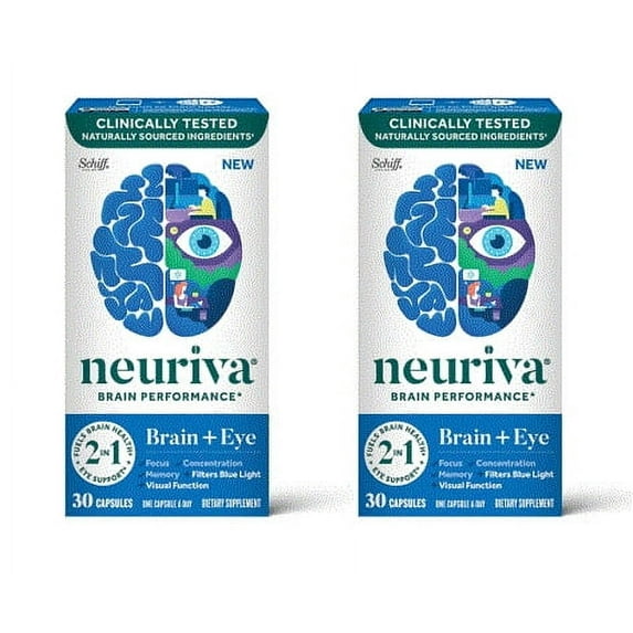 Neuriva Brain + Eye Support Capsules (30 Count), with Vitamins A C E, Zinc, Zeaxanthin, Antioxidants, Filters Blue Light, Decaffeinated, Vegetarian, Gluten & GMO Free, 2 Pack