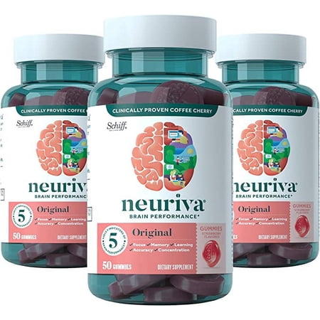 Neuriva Original Brain Health Support Strawberry Gummies (50 count), Brain Support With Phosphatidylserine & Decaffeinated, Clinically Tested Coffee Cherry, 3 Pack