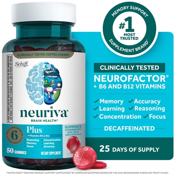 Neuriva Plus Brain Supplements for Memory and Focus Vitamin B12 & B6 Strawberry Gummies 50 Count