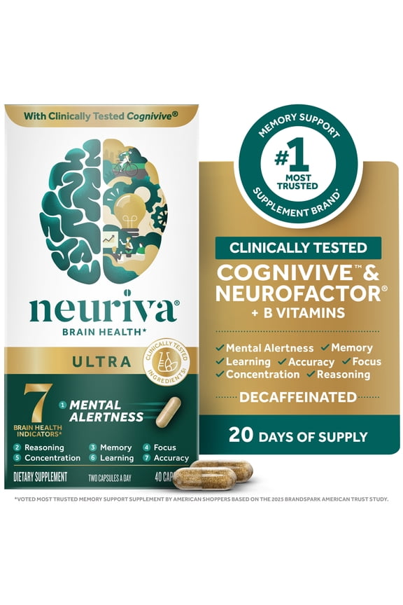 Ultra Brain Supplements for Memory and Focus, Vitamin B12 & B6, 40 Count Capsules