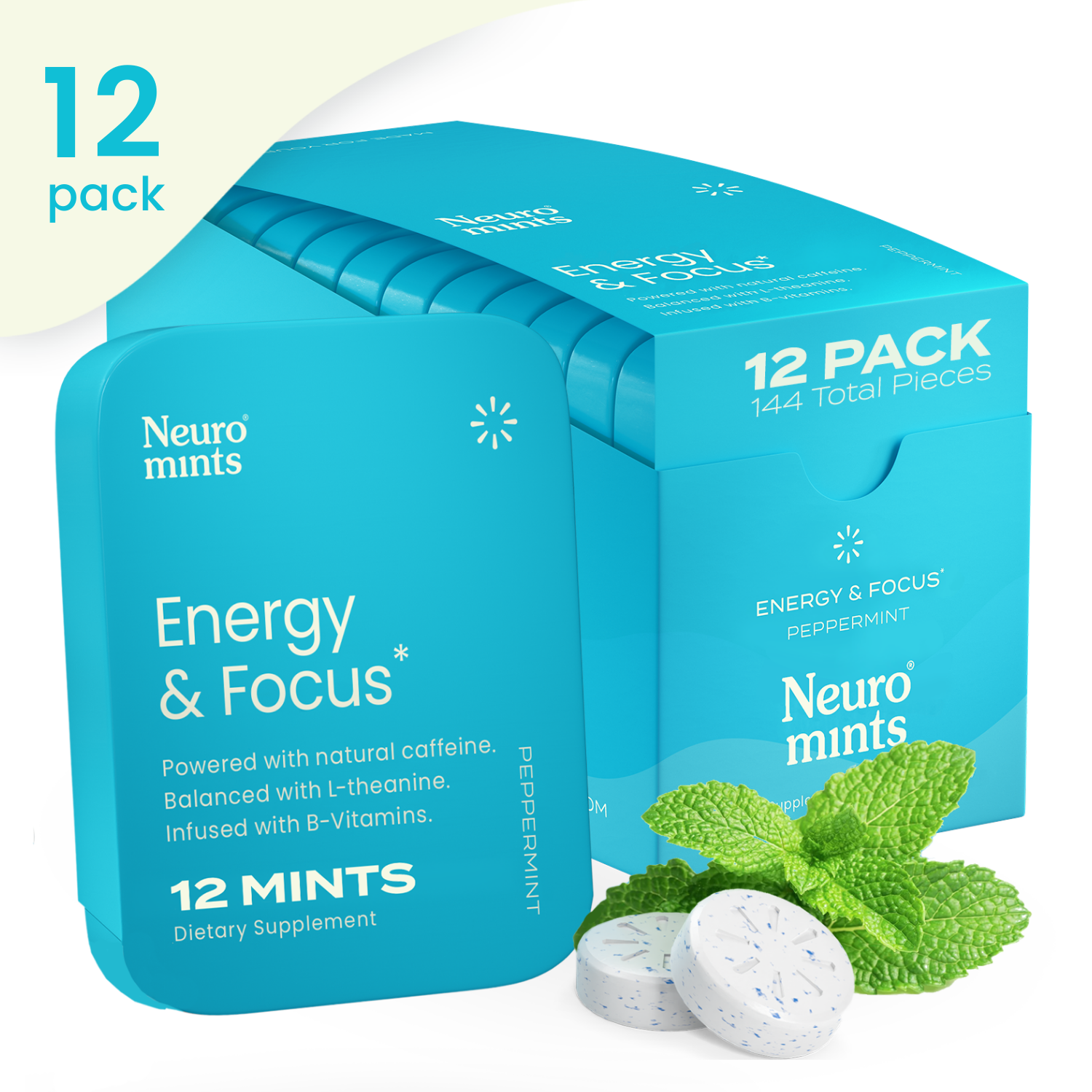 Neuro Mints Peppermint to boost Energy and Focus with Caffeine L Theanine and Vitamin B6 B12