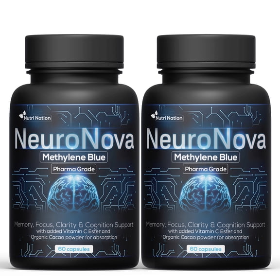 Nutri Nation Neuro Nova Methylene Blue Capsules USP Pharma Grade 12 mg with Vitamin C Ester, 120 Count (2 x 60), Memory & Focus Support