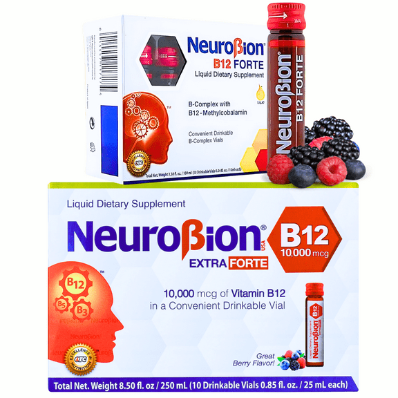 NeuroBion B12 Forte (3,000 mcg) + NeuroBion Extra Forte (10,000 mcg) Liquid Dietary Supplement Vials, 2-Pack Combo