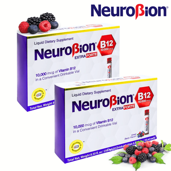 NeuroBion Extra Forte Vitamin B12 Liquid Dietary Supplement, 10,000 mcg Vials, Great Berry Flavor, 2-Pack, 10 Vials Per Box