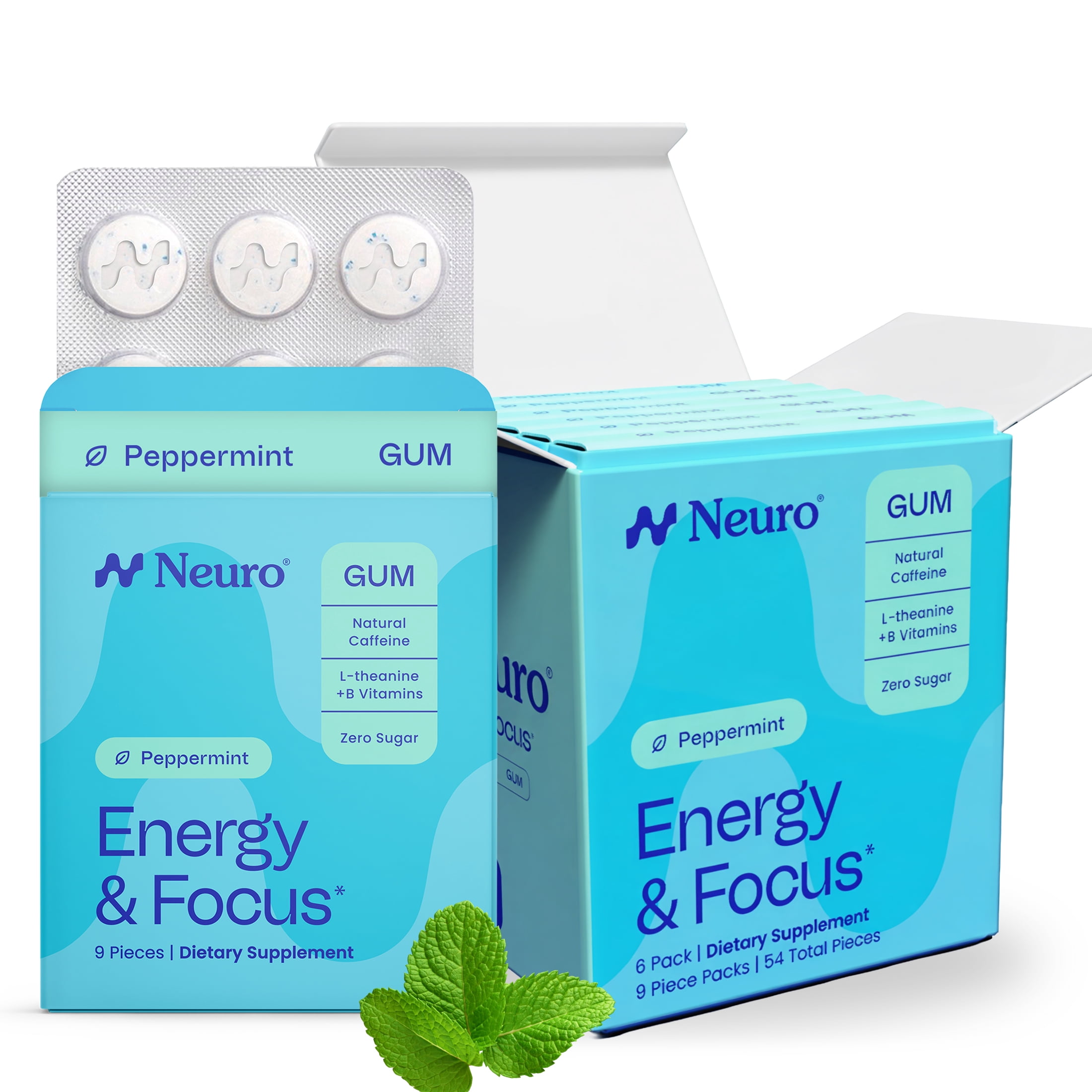 Neuro Energy & Focus Peppermint Gum 6 Pack - 40mg Natural Caffeine Gum & Nootropic Energy Supplement with L-Theanine & B Vitamins - Sugar Free, Vegan (54ct)