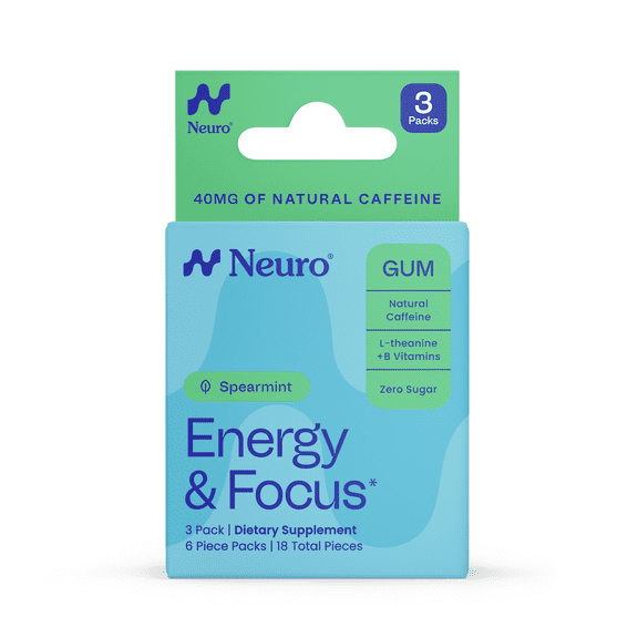 Neuro Energy & Focus Spearmint Gum 3-pack, 40mg Natural Caffeine Gum & Nootropic Energy Supplement with L-Theanine & B Vitamins - Sugar Free, Vegan, 18 Piece count