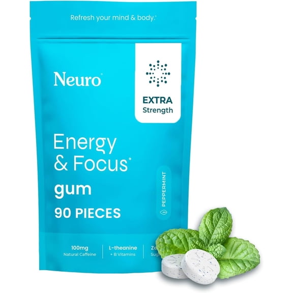NeuroGum Extra Strength Energy & Focus Gum (90 Count Bag, Peppermint) | 100mg Natural Caffeine&nbsp;