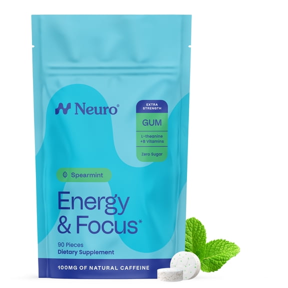 NeuroGum Extra Strength Energy & Focus Gum (90 Count Bag, Spearmint) | 100mg Natural Caffeine