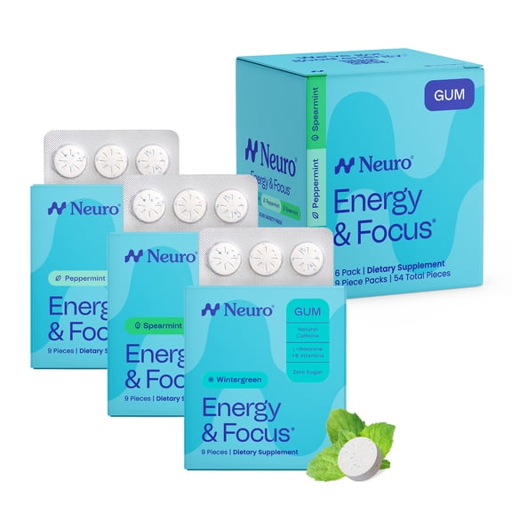 Neuro Energy & Focus Gum Variety Pack w/ Caffeine, L-Theanine, B Vitamins 54 count 6 pack