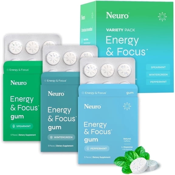 Neuro Energy & Focus Gum Variety Pack w/ Caffeine, L-Theanine, B Vitamins 54 count 6 pack