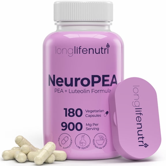 LongLifeNutri NeuroPEA (Palmitoylethanolamide + Luteolin 800mg/100mg)  Organic Supplement for Nerve Performance, 180 Vegetarian Capsules, 3-Month Supply, GMP Certified, USA Made