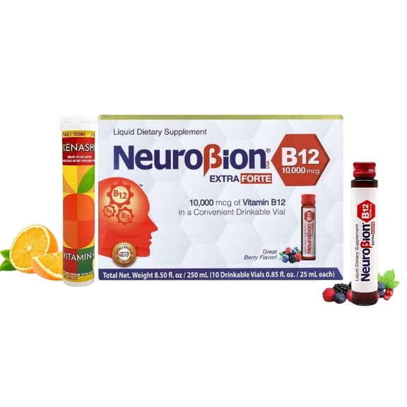 Neurobion Extra Forte B12 10,000 mcg Vials Extreme Powerful 10 Vials per Box, Berry Flavor + Kenashi Vitamin c Effervescent Tablets Vitamin C with Zinc 1000mg