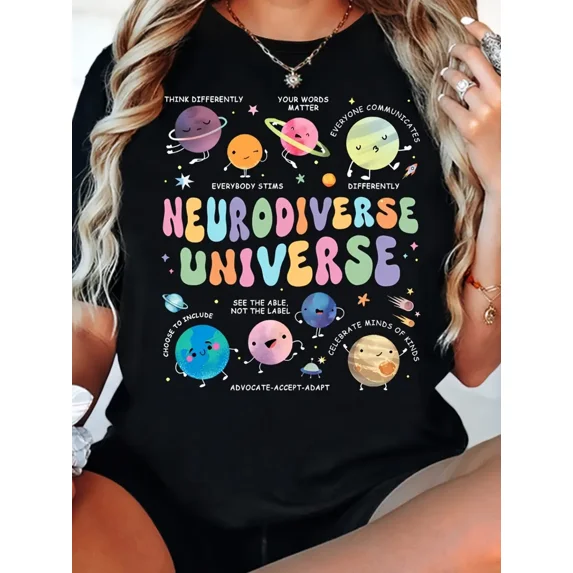 Neurodiverse Universe Cute Planets Acceptance Unisex Short Sleeve Graphic T-Shirt