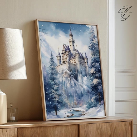 Neuschwanstein Castle Art Poster, Winter Bavaria Landscape, Unframed Poster Size 16x24