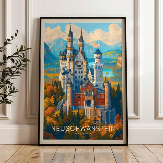 Neuschwanstein Castle Travel Poster - Germany Wall Art Print, Illustration Poster, Home & Office Decor, Gift Idea, Bavaria Travel Print Wall Art, Modern Wall Decor, 16x24 UNFRAMED