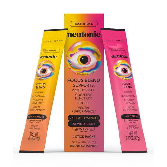 Neutonic Nootropic Focus Blend Powder | Peach Mango & Wild Berry 4 Sticks | Caffeine Free, Zero Sugar | Support Memory, Mental Clarity, Cognitive Function | Boost Focus, Energy, Brain Health