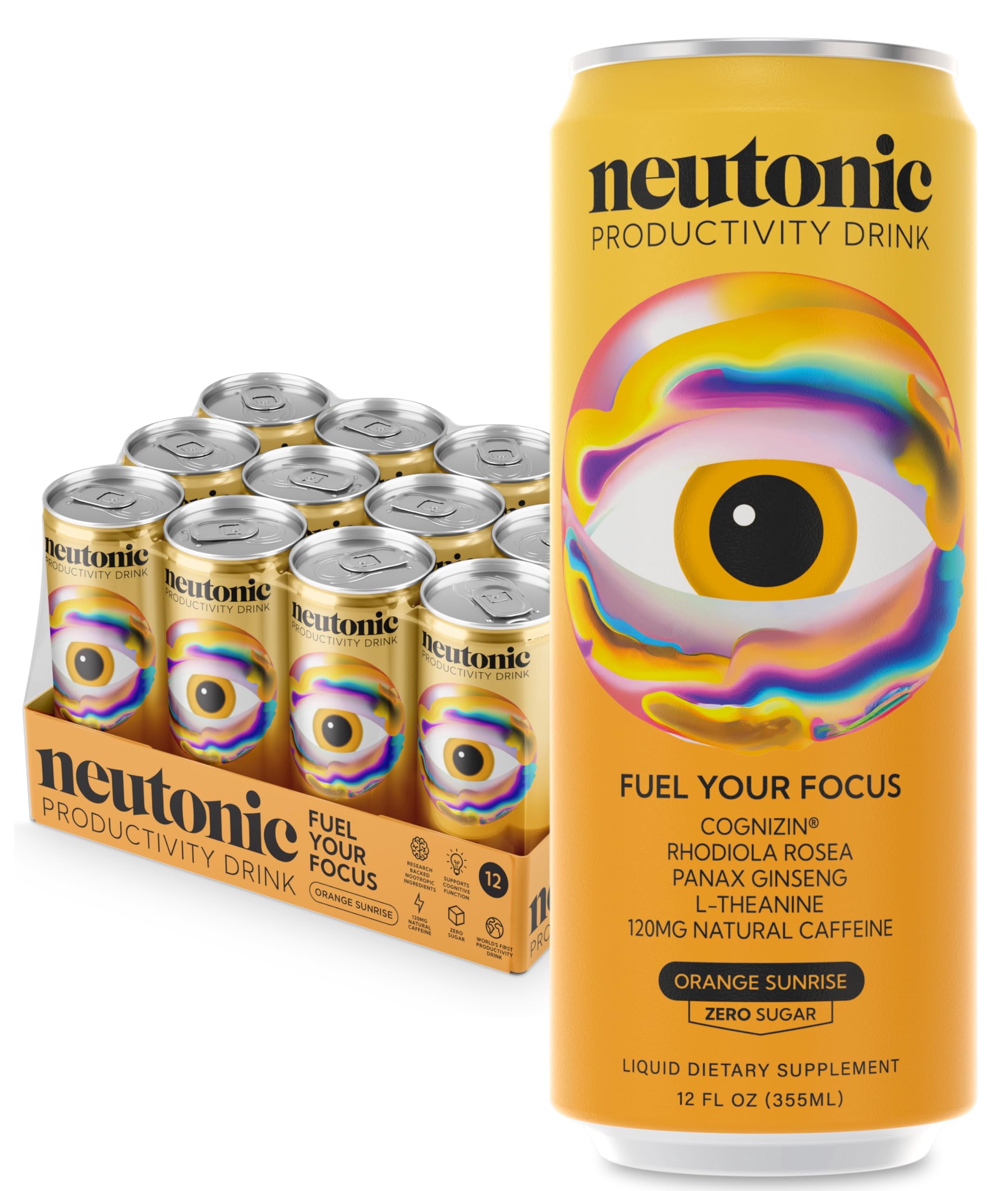 Neutonic Nootropic Productivity Energy Drink | Orange Sunrise 12 Cans | 120mg Natural Caffeine, Zero Sugar | Support Memory, Mental Clarity, Cognitive Function | Boost Focus, Energy, Brain Health