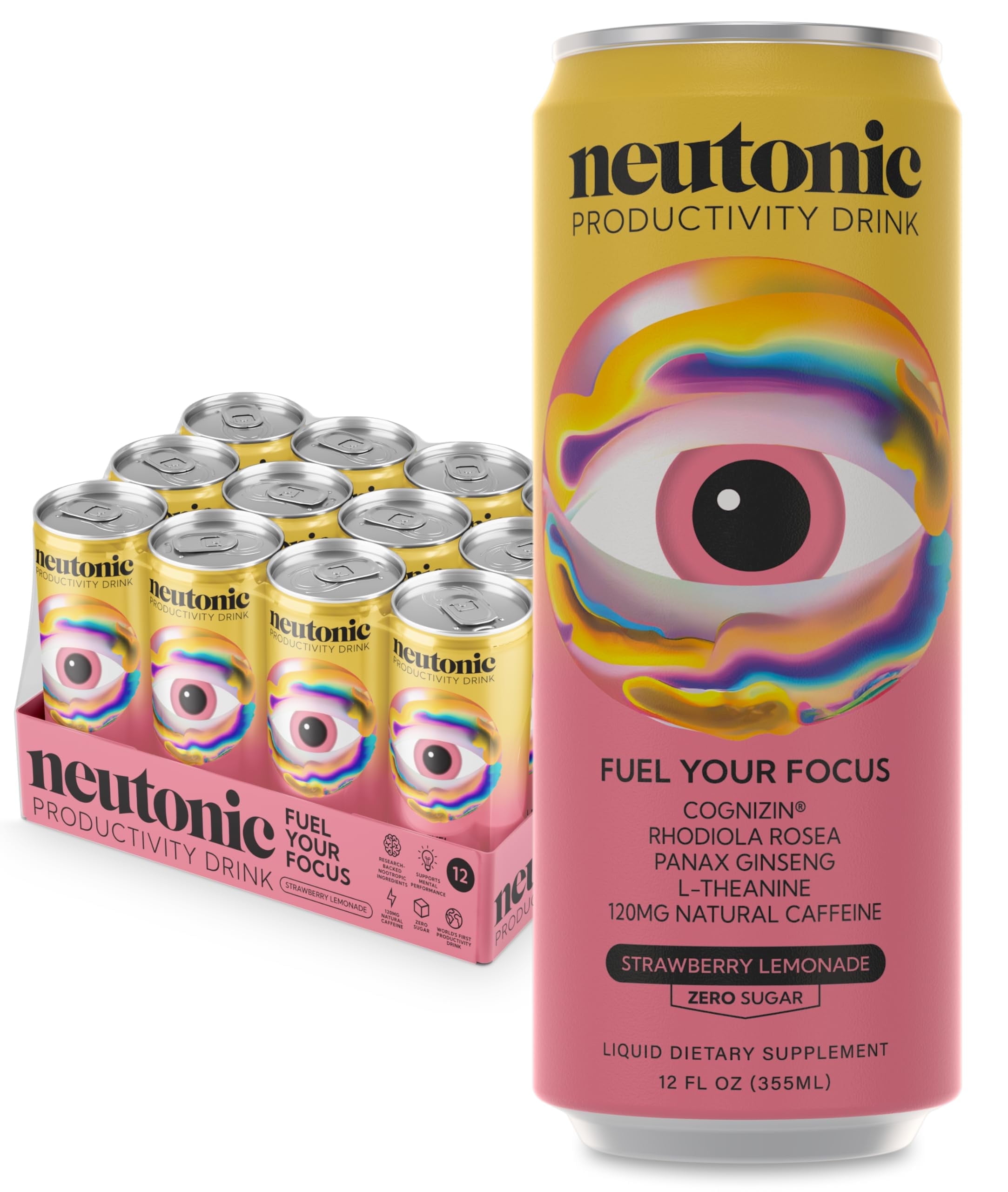 Neutonic Nootropic Productivity Energy Drink | Strawberry Lemonade | 12 Cans | 120mg Natural Caffeine | Zero Sugar | Focused Energy & Mental Performance Support