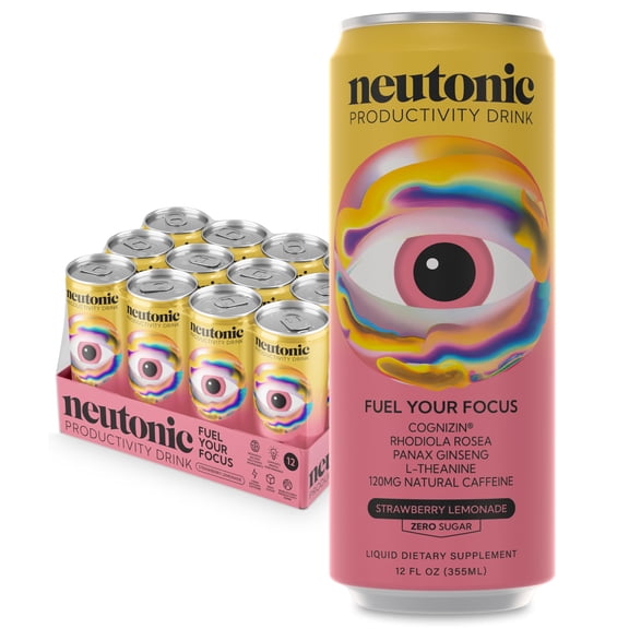 Neutonic Nootropic Productivity Energy Drink | Strawberry Lemonade | 12 Cans | 120mg Natural Caffeine | Zero Sugar | Focused Energy & Mental Performance Support