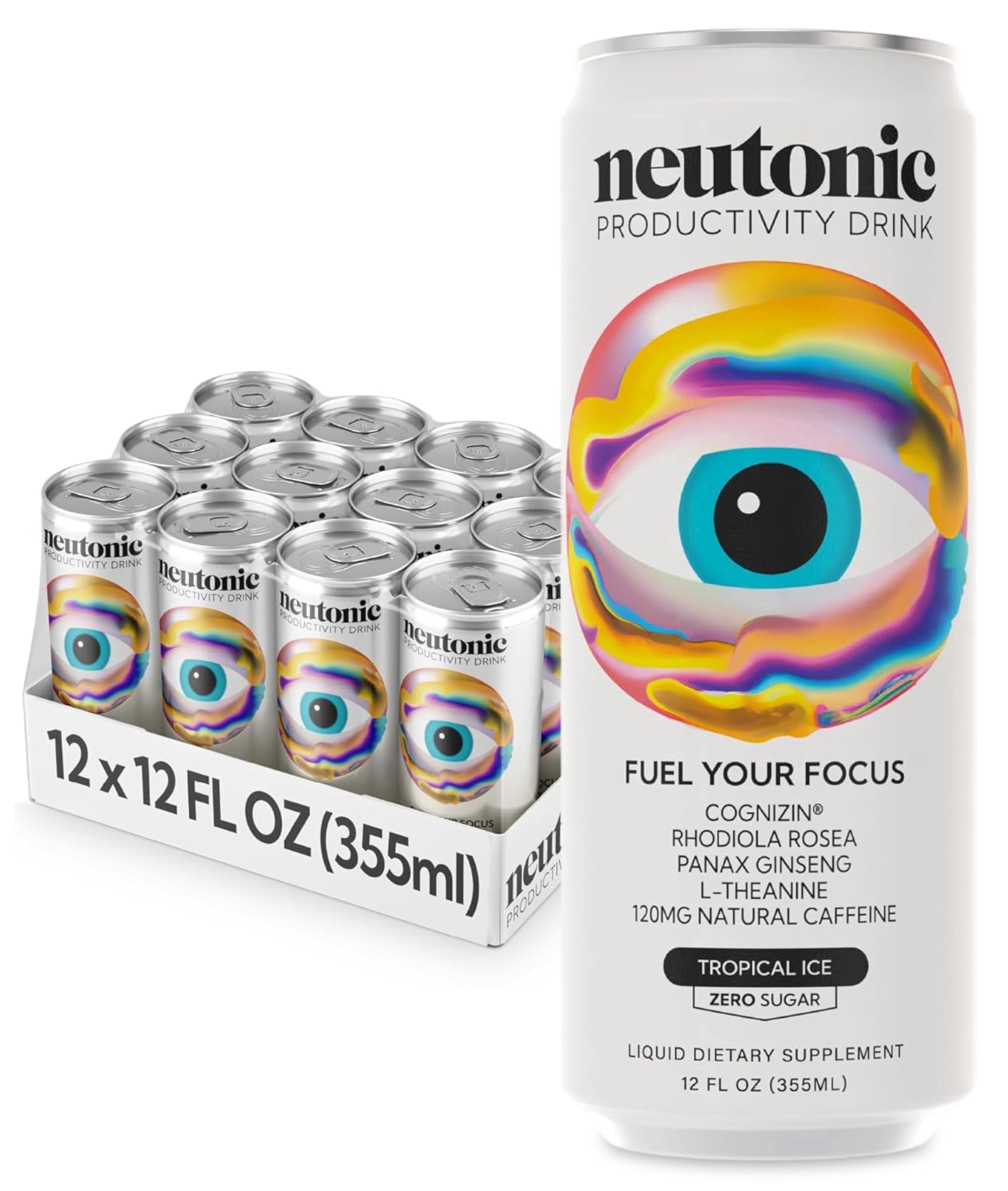 Neutonic Nootropic Productivity Energy Drink | Tropical Ice 12 Cans | 120mg Natural Caffeine, Zero Sugar | Support Memory, Mental Clarity, Cognitive Function | Boost Focus, Energy, Brain Health