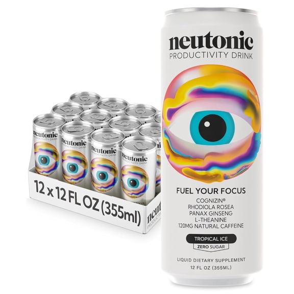 Neutonic Nootropic Productivity Energy Drink | Tropical Ice 12 Cans | 120mg Natural Caffeine, Zero Sugar | Support Memory, Mental Clarity, Cognitive Function | Boost Focus, Energy, Brain Health