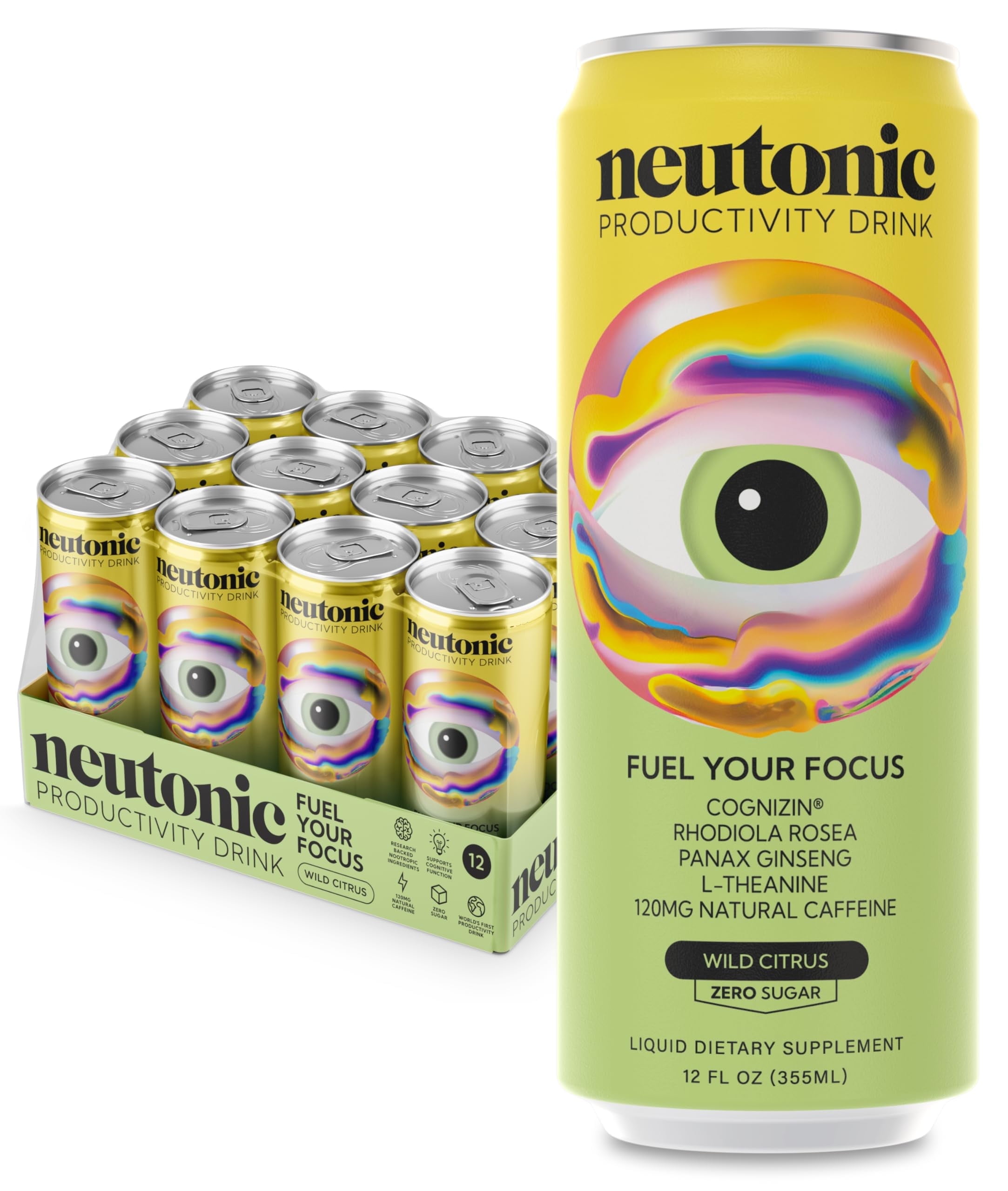Neutonic Productivity Energy Drink | Wild Citrus | 12 Cans | 120mg Natural Caffeine | Zero Sugar | Focused Energy & Productivity Support
