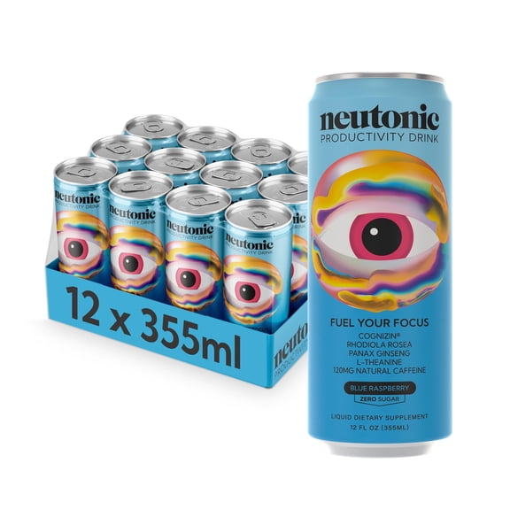 Neutonic Productivity Energy Drink, Boost Focus and Energy, Sugar Free, Science Backed Formula | 355 ML (12 cans) - Blue Raspberry