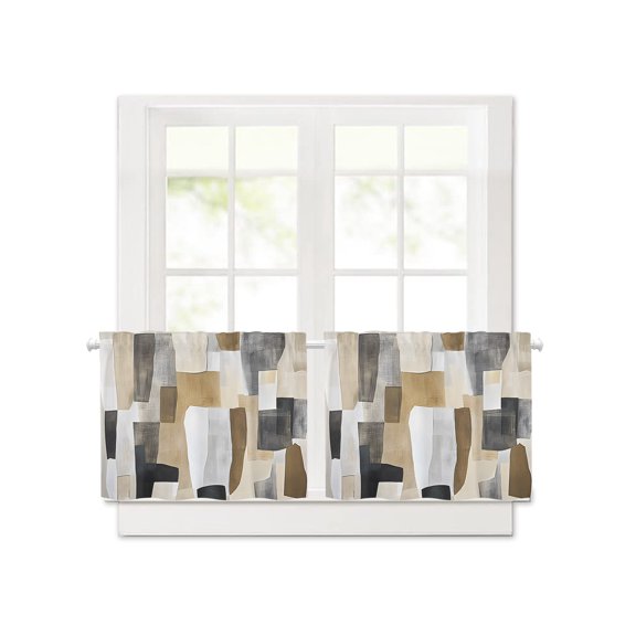 Neutral Abstract Blocks Short Blackout Curtains 24 Inch Long,Earthy Brushstrokes Rod Pocket Kitchen Curtains,2 Panels Thermal Insulated Room Darkening Drapes for Bedroom,30"W x 24"L