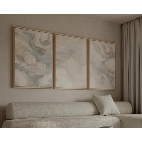 Neutral Abstract Shell Art Beige Blue Coastal Wall Art Minimalist Oyster Triptych Decor Set 3