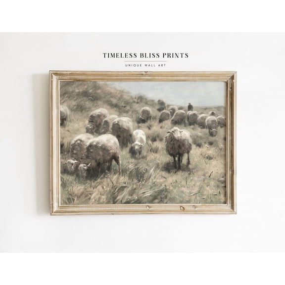 Neutral Antique Sheep Lamb Herd Wall Art Farmhouse Printable Country Decor Muted Colors Beige Neutral Landscape Poster Decor, Stretched Canvas Size 8x12 F03.1.22l99