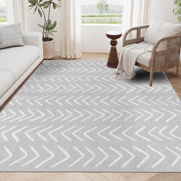 Neutral Area Rug Living Room Rugs, Gray White Bedroom Rug Non Slip Washable Rug, Low Pile Soft Stripes Minimalist Floor Carpet for Kitchen Home Office Dinning Room-5' x 8'