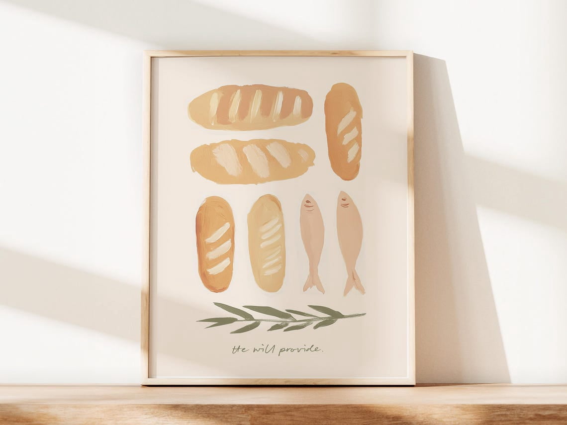 Neutral Artful Loaves and Fish Art with Phrase Painterly Jesus Bread ...