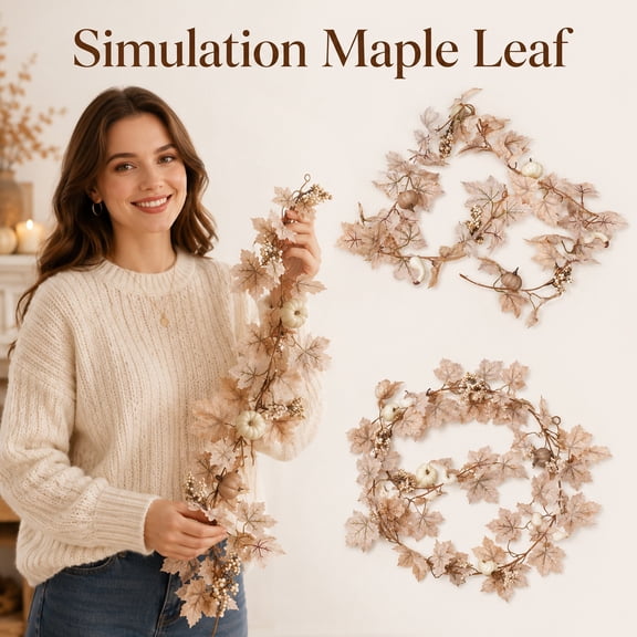Neutral Artificial Maple Leaf Garland, 1.72M Bendable Faux Fall Vine Swag With White Mini Pumpkin Berry, Autumn Stair Rail Table Runner Decor, Farmhouse Thanksgiving Indoor Seasonal Home Decor Gift