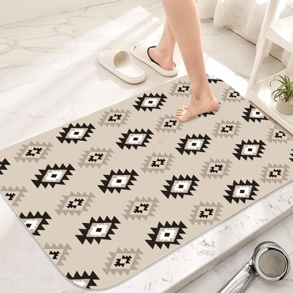 Neutral Aztec Geometric Flannel Bath Mat 16x24 Inches, Soft Absorbent Non-Slip Bathroom Rug, Machine Washable Floor Mat for Shower